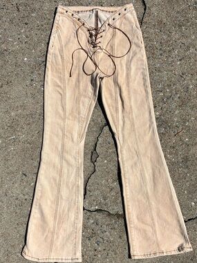 High-Rise Lace-Up Flared Pants in Beige